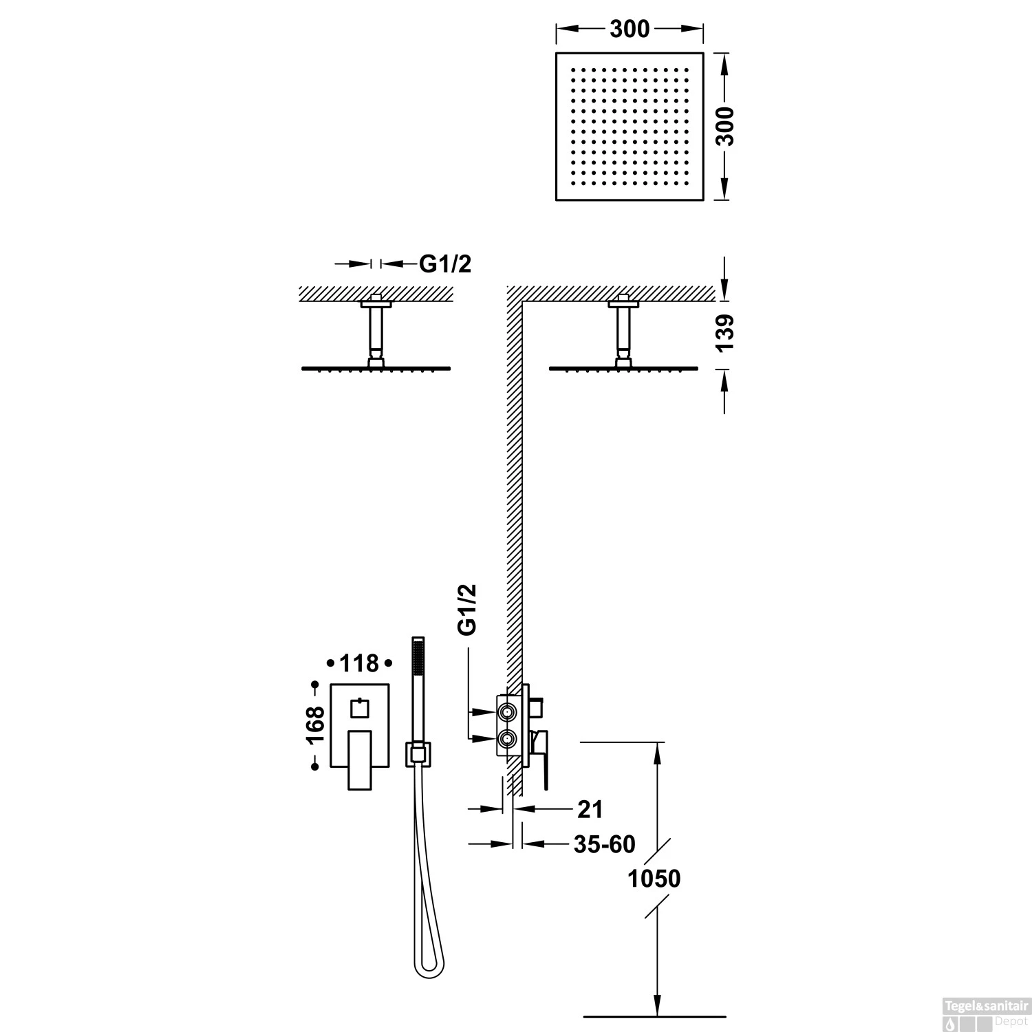 Regendoucheset Inbouw Tres Cuadro Exclusive Met Plafondarm En Handdoucheset Met Staafhanddouche RVS - Afbeelding 2