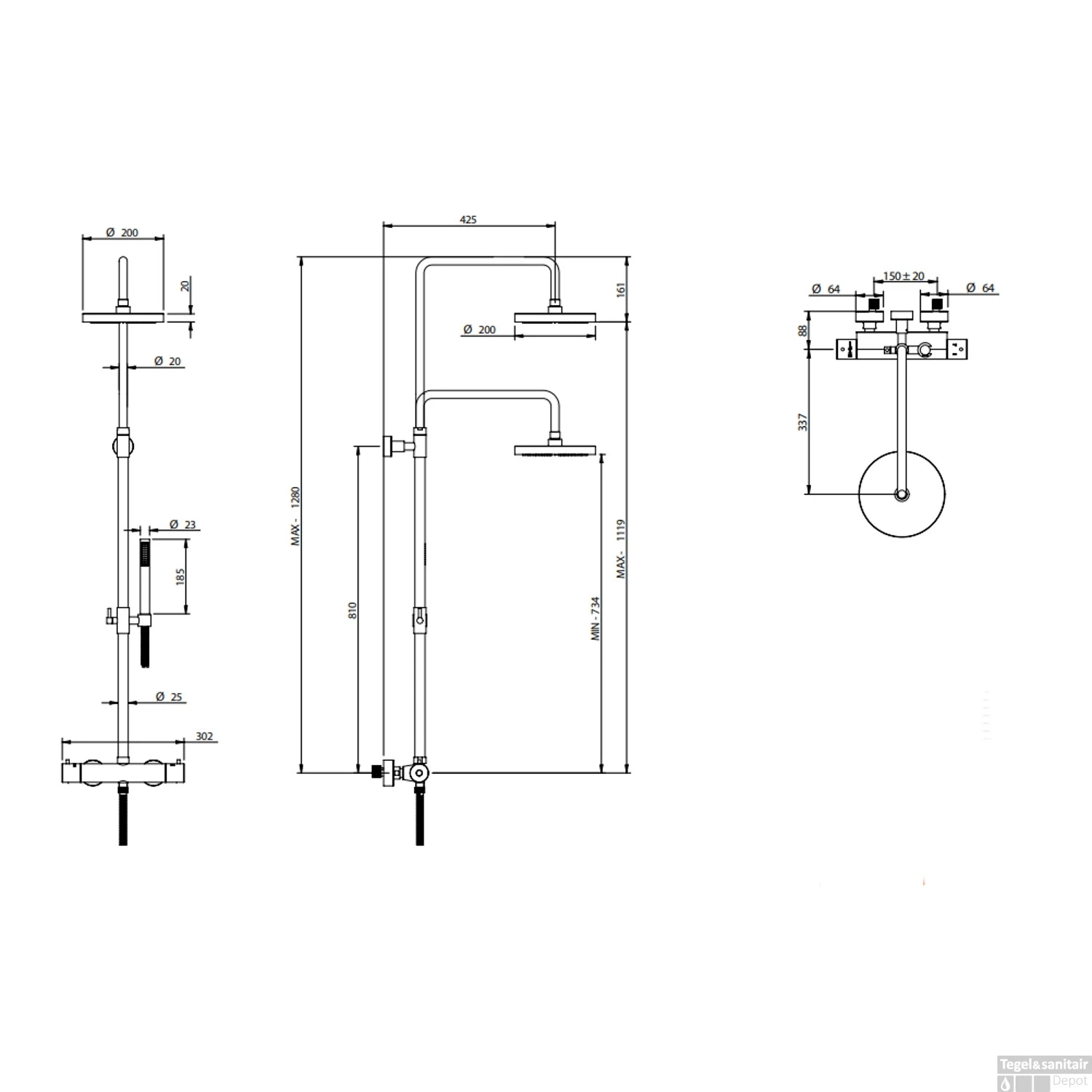 Regendoucheset Luxe Bongio Squadra Thermostatisch Opbouw Met Handdouche Mat Zwart 4 Regendoucheset Luxe Bongio Squadra Thermostatisch Opbouw Met Handdouche Mat Zwart - Afbeelding 2