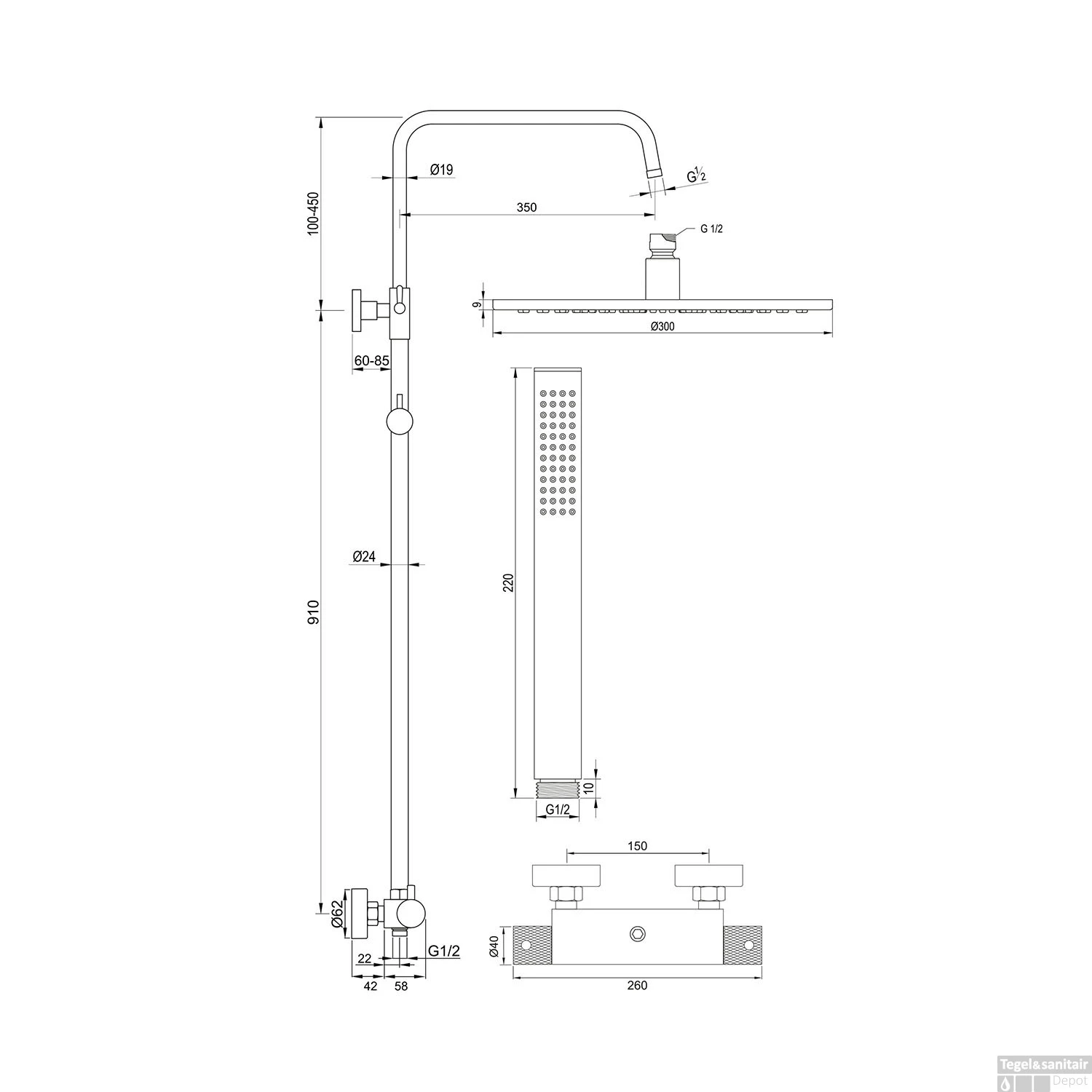 Regendoucheset Opbouw Brauer Black Carving 30 Cm Thermostatisch Met Staaf Handdouche Mat Zwart - Afbeelding 7