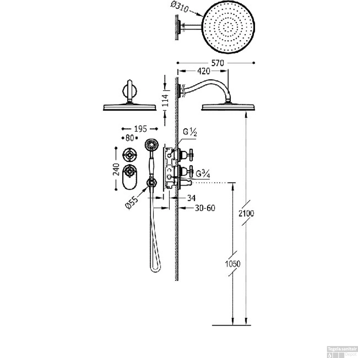 Regendoucheset Tres Clasic Thermostatische Inbouw 2-Wegs Verouderd Messing 4 Regendoucheset Tres Clasic Thermostatische Inbouw 2-Wegs Verouderd Messing - Afbeelding 2