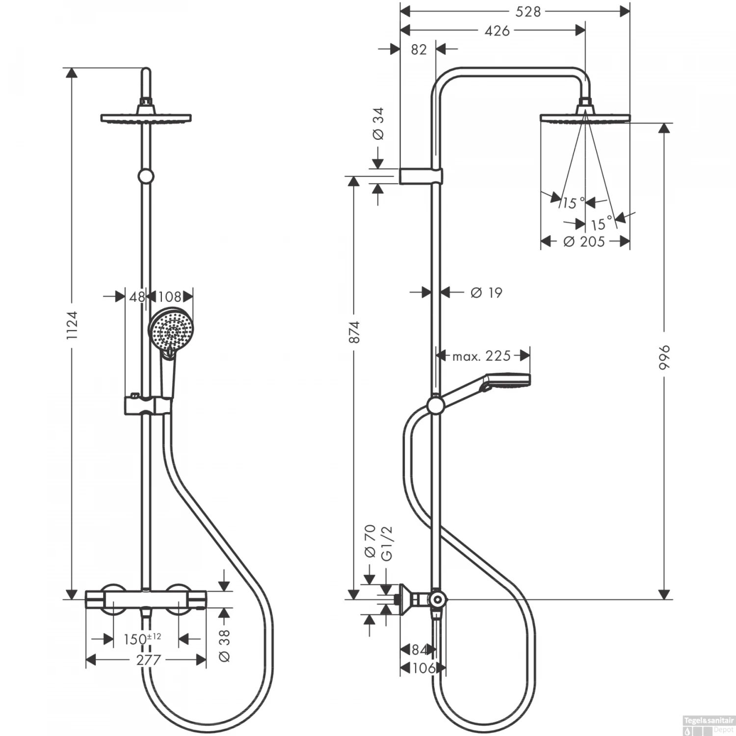 Showerpipe HansGrohe Vernis Blend 200 1 Jet Met Douchethermostaat Mat Zwart - Afbeelding 3