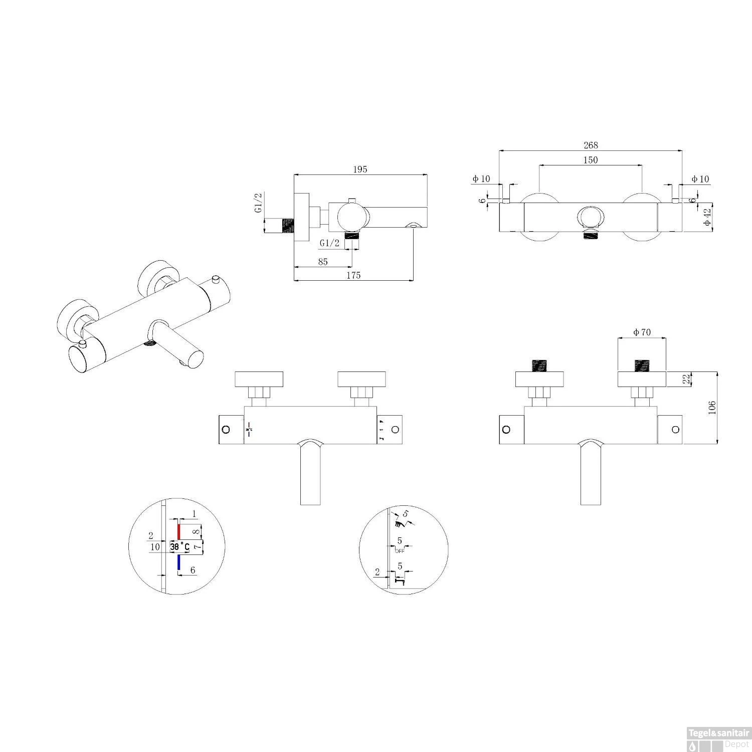 Thermostatische Badmengkraan Boss & Wessing Met Cool Touch Mat Zwart 4 Thermostatische Badmengkraan Boss & Wessing Met Cool Touch Mat Zwart - Afbeelding 2