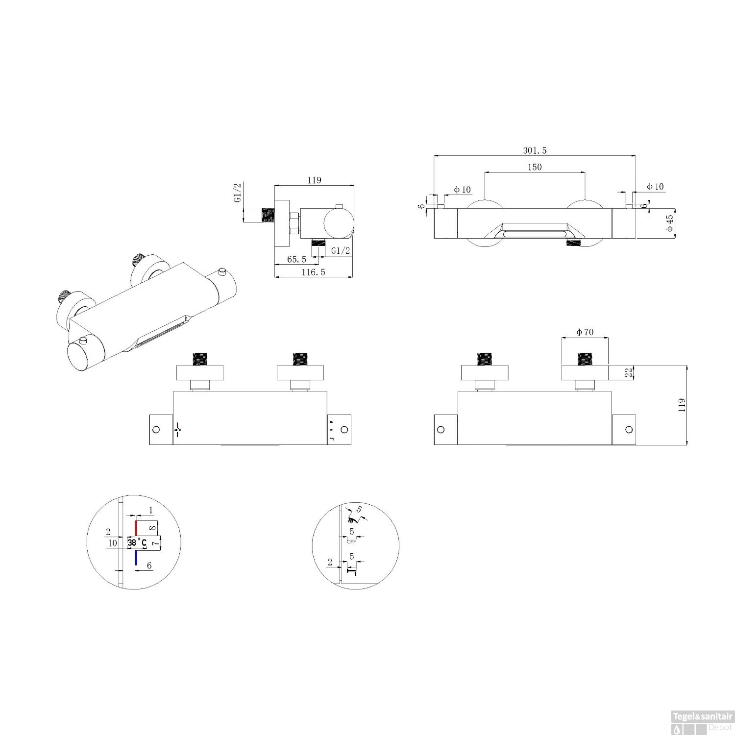 Thermostatische Badmengkraan Boss & Wessing Waterval RVS 4 Thermostatische Badmengkraan Boss & Wessing Waterval RVS - Afbeelding 2
