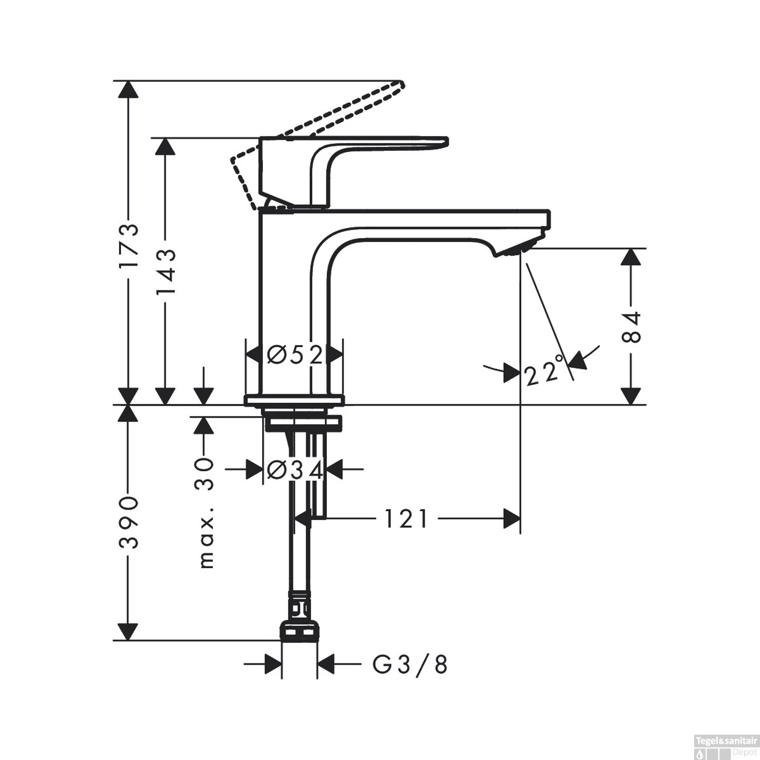 Toiletkraan HansGrohe Rebris S Eengreeps 80 Voor Koud Water Of Vooraf Ingestelde Temperatuur Zonder Afvoer Mat Zwart - Afbeelding 2