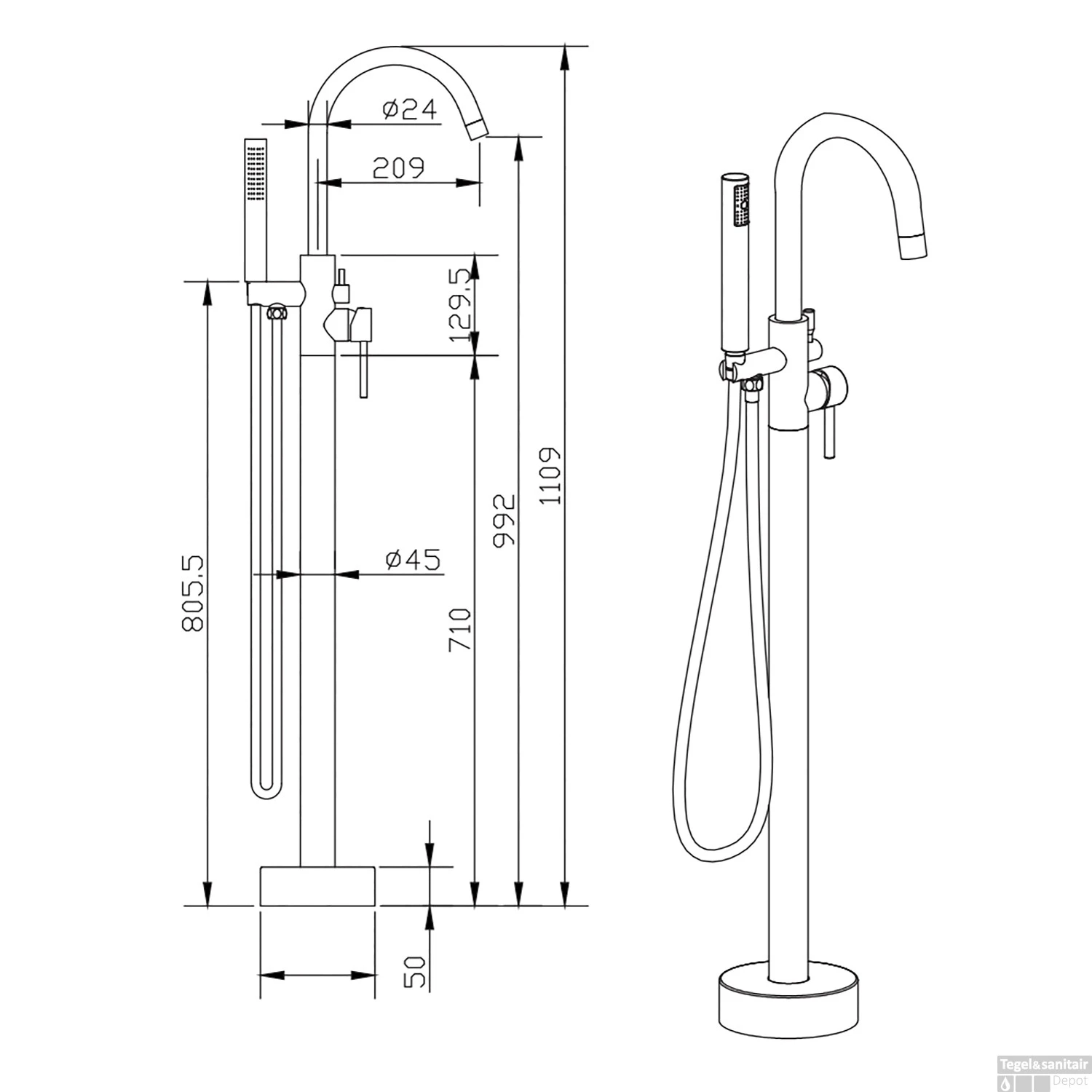 Vrijstaande Badkraan Boss & Wessing Colorato Met Staaf Handdouche Set Mat Zwart - Afbeelding 4