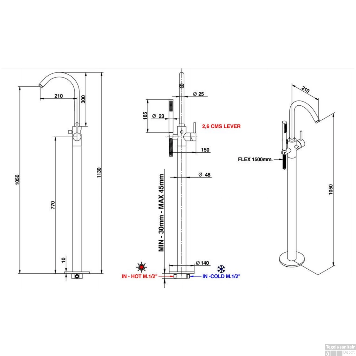 Vrijstaande Badmengkraan Bongio Squadra Met Handdoucheset En Omstel Mat Zwart 5 Vrijstaande Badmengkraan Bongio Squadra Met Handdoucheset En Omstel Mat Zwart - Afbeelding 3