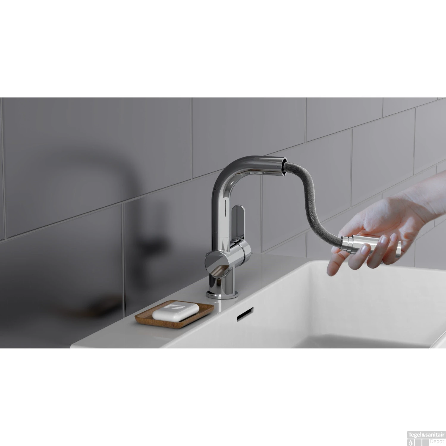 Wastafelkraan Schutte London Mengkraan Uittrekbare Uitloop Eéngreeps Met Click Waste Chroom - Afbeelding 5