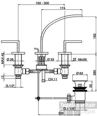 Wastafelmengkraan Cisal Wave 3-gats RVS WA0010202A 3 Wastafelmengkraan Cisal Wave 3-gats RVS WA0010202A