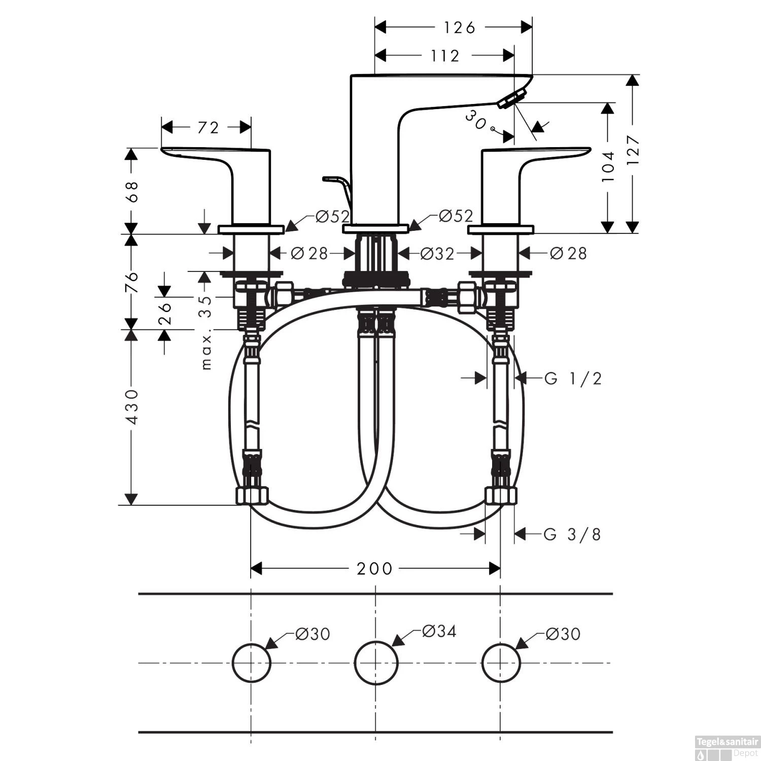 Wastafelmengkraan Talis E HansGrohe 3-Gats Met Trekwaste Gepolijst Goud 4 Wastafelmengkraan Talis E HansGrohe 3-Gats Met Trekwaste Gepolijst Goud - Afbeelding 2