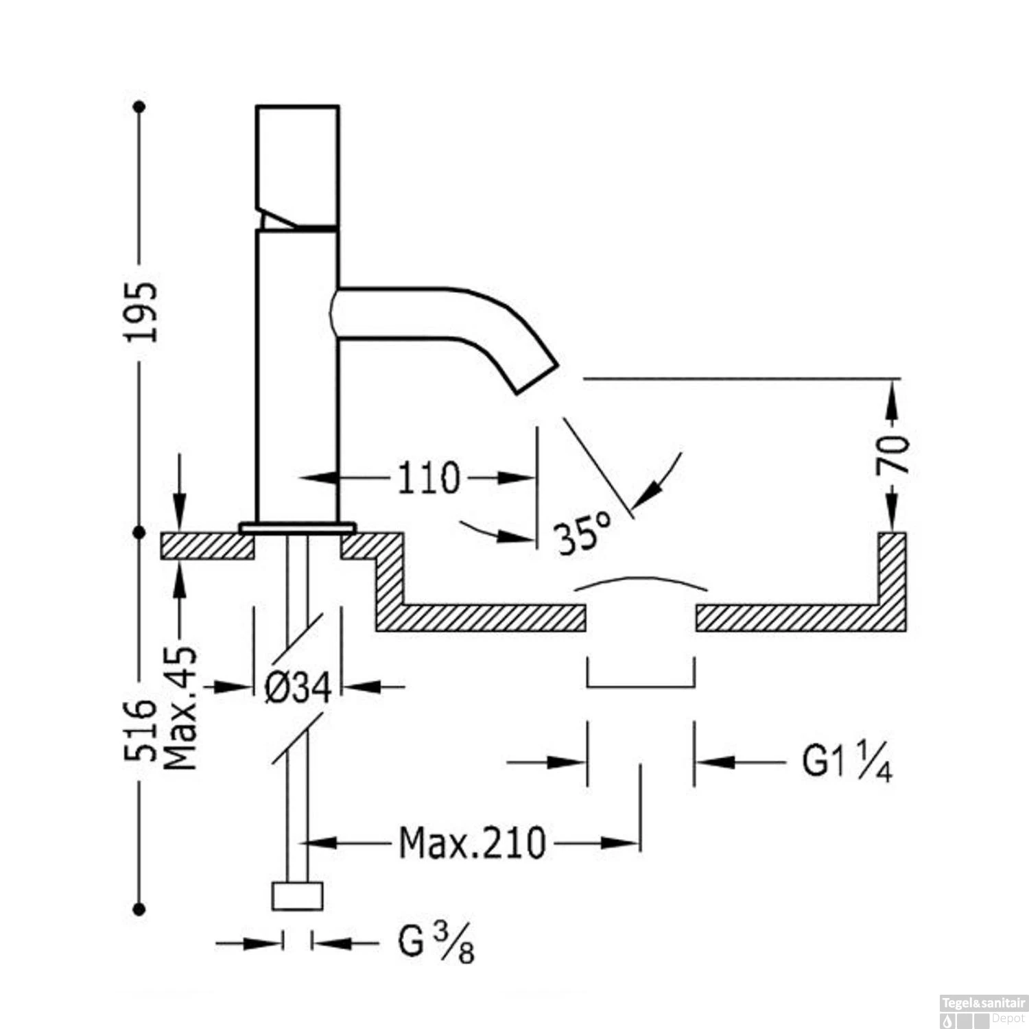 Wastafelmengkraan Tres Study Exclusive 19,5 Cm 1-Knop Rond Amber Geel - Afbeelding 3